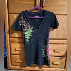 Sinful Black Y2K V-Neck Sinful Love Pride Embellished T